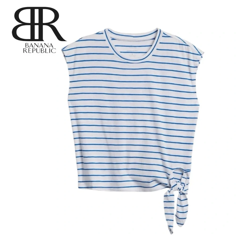 NWT Banana Republic Blue White Sleeveless Tee with Tie Front - Picture 2 of 12